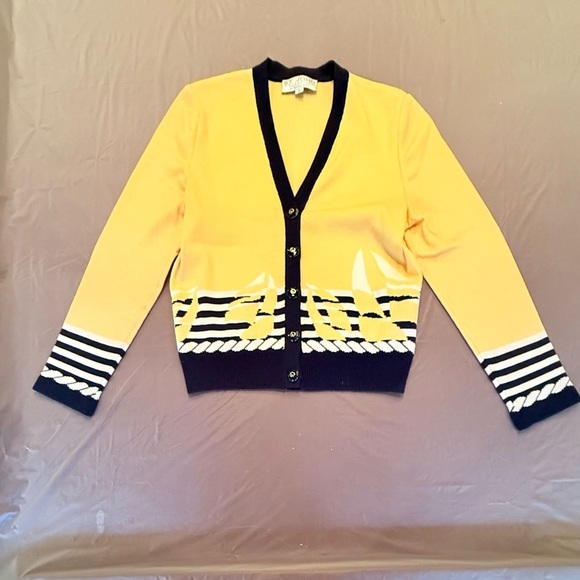 St John Vintage Yellow/Navy Nautical V-neck Cardigan Sweater Size Small MSRP$695 - Picture 2 of 10